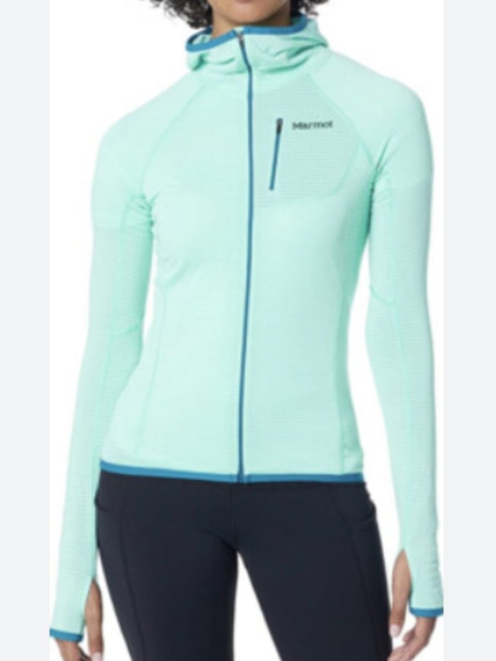 Marmot Mint Green Full-Zip Hooded Utility Jacket with Blue Trim
